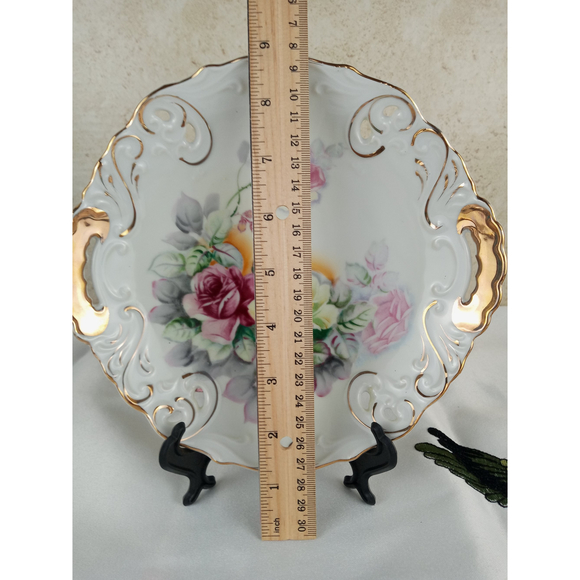 Vintage Porcelain Handled Dish with Cut-outs Edge Florals with Guilt Trim 8.5" - Picture 5 of 7